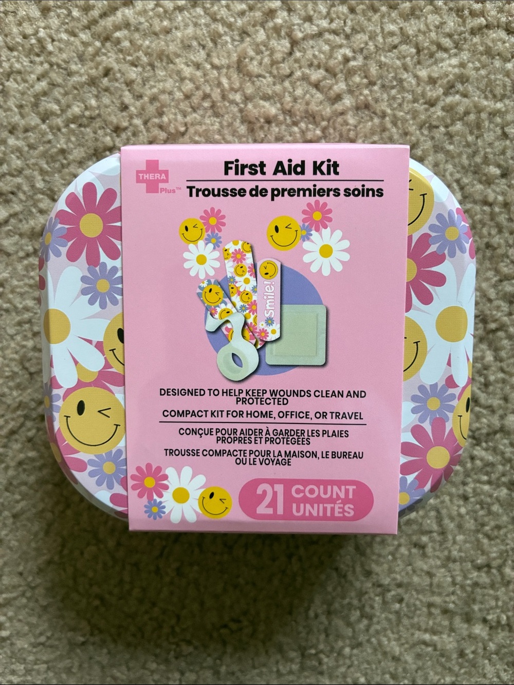 Pink Floral Smiley Faces Compact First Aid Kit